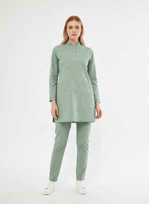 Tesettür - Çağla Yeşili Likralı Hemşire Üniforma Takımı - Class Üniforma hemşire formaları, medikal önlükler