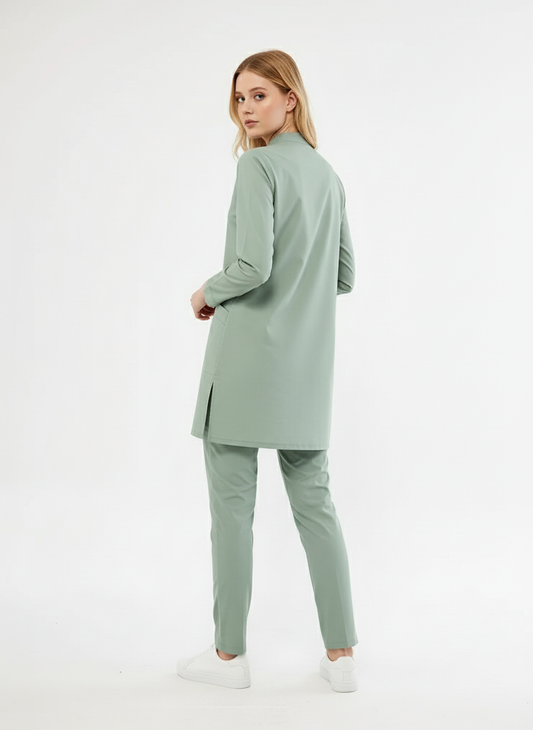 Tesettür - Çağla Yeşili Likralı Hemşire Üniforma Takımı