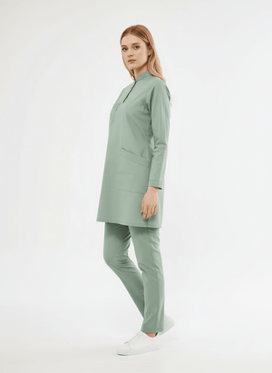 Tesettür - Çağla Yeşili Likralı Hemşire Üniforma Takımı - Class Üniforma hemşire formaları, medikal önlükler