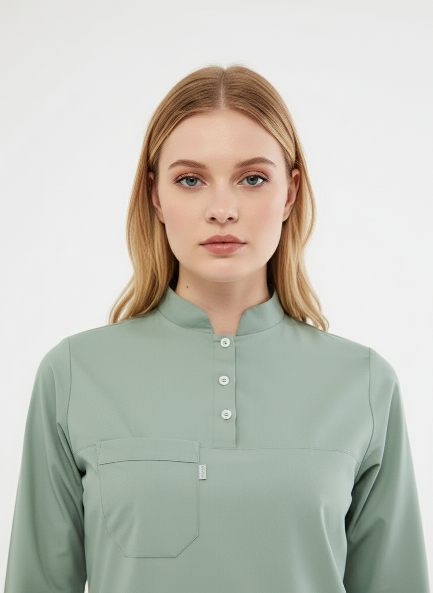 Tesettür - Çağla Yeşili Likralı Hemşire Üniforma Takımı