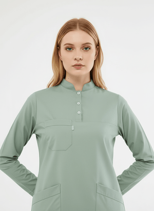 Tesettür - Çağla Yeşili Likralı Hemşire Üniforma Takımı - Class Üniforma hemşire formaları, medikal önlükler