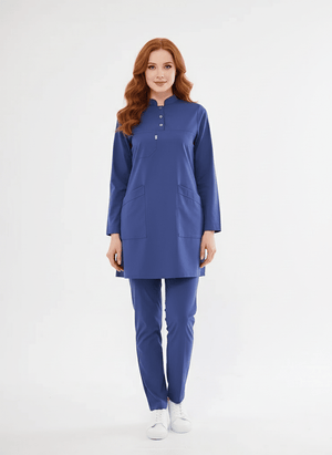 Tesettür - Fırtına Mavi Likralı Hemşire Üniforma Takımı - Class Üniforma hemşire formaları, medikal önlükler