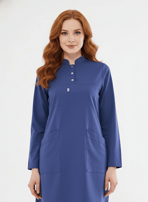 Tesettür - Fırtına Mavi Likralı Hemşire Üniforma Takımı - Class Üniforma hemşire formaları, medikal önlükler