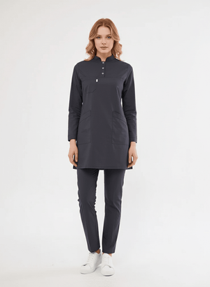 Tesettür - Antrasit Likralı Hemşire Üniforma Takımı - Class Üniforma hemşire formaları, medikal önlükler