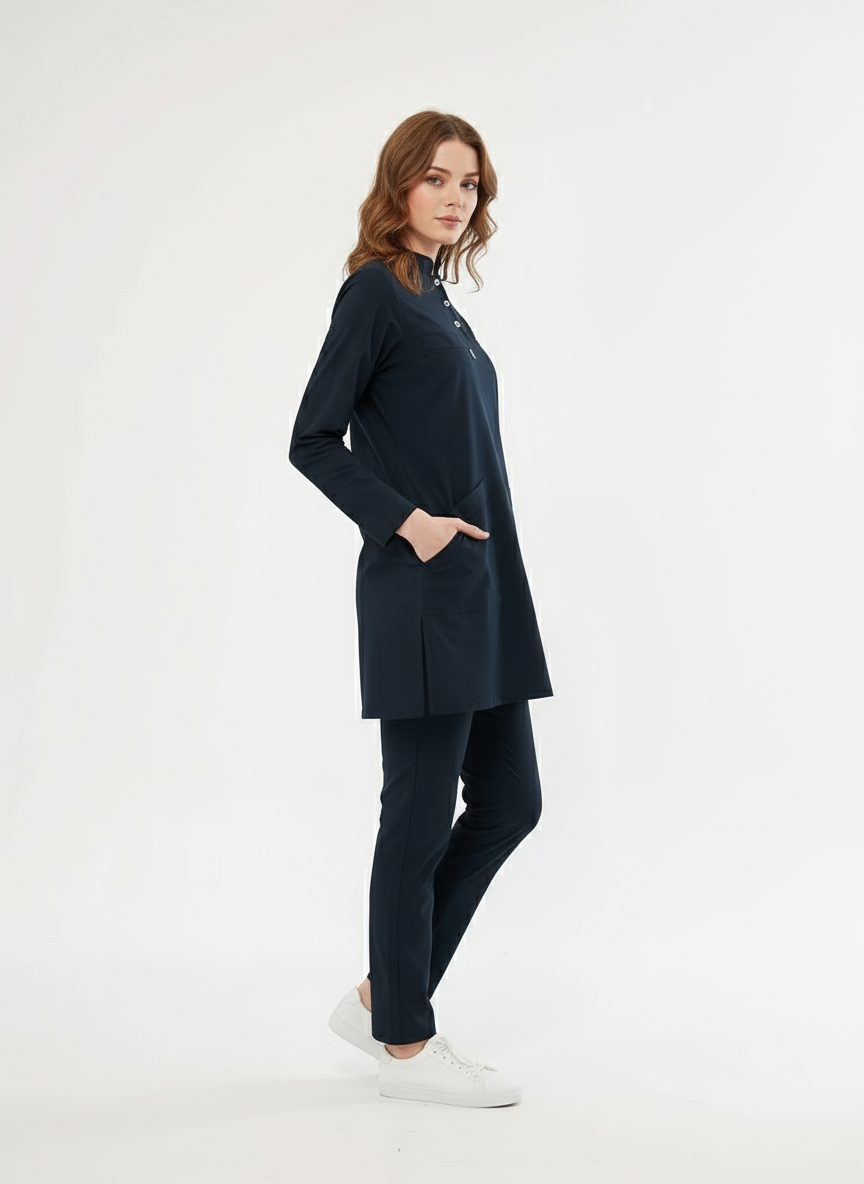 Tesettür - Lacivert Likralı Hemşire Üniforma Takımı