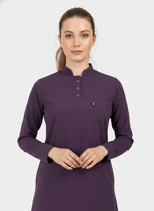 Tesettür - Koyu Mürdüm Likralı Hemşire Üniforma Takımı - Class Üniforma hemşire formaları, medikal önlükler