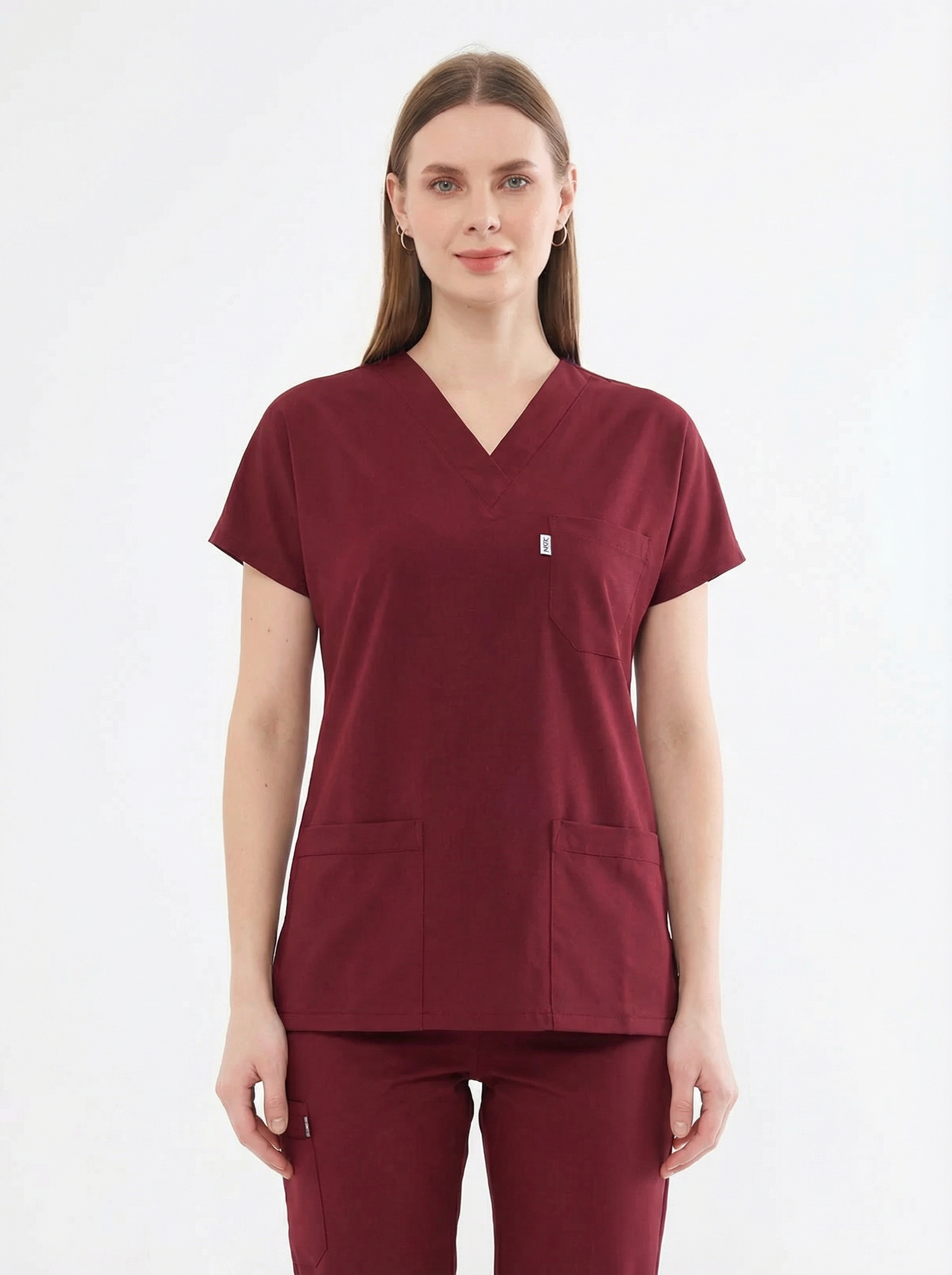 Classic Tek Üst  - Bordo Likralı Kadın Hemşire Forması Üstü
