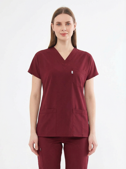 Classic Tek Üst  - Bordo Likralı Hemşire Forması Üstü