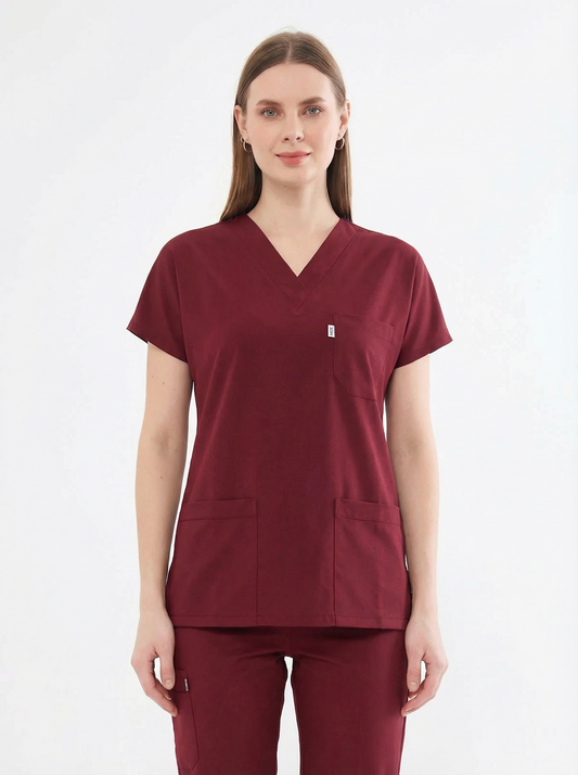 Classic Tek Üst  - Bordo Likralı Hemşire Forması Üstü