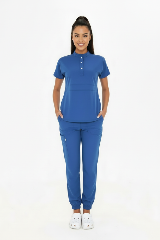N O V A | Fırtına Mavi Kadın Likralı Hakim Yaka Yarım Pat Çıtçıtlı Hemşire Ve Doktor Forması Scrubs