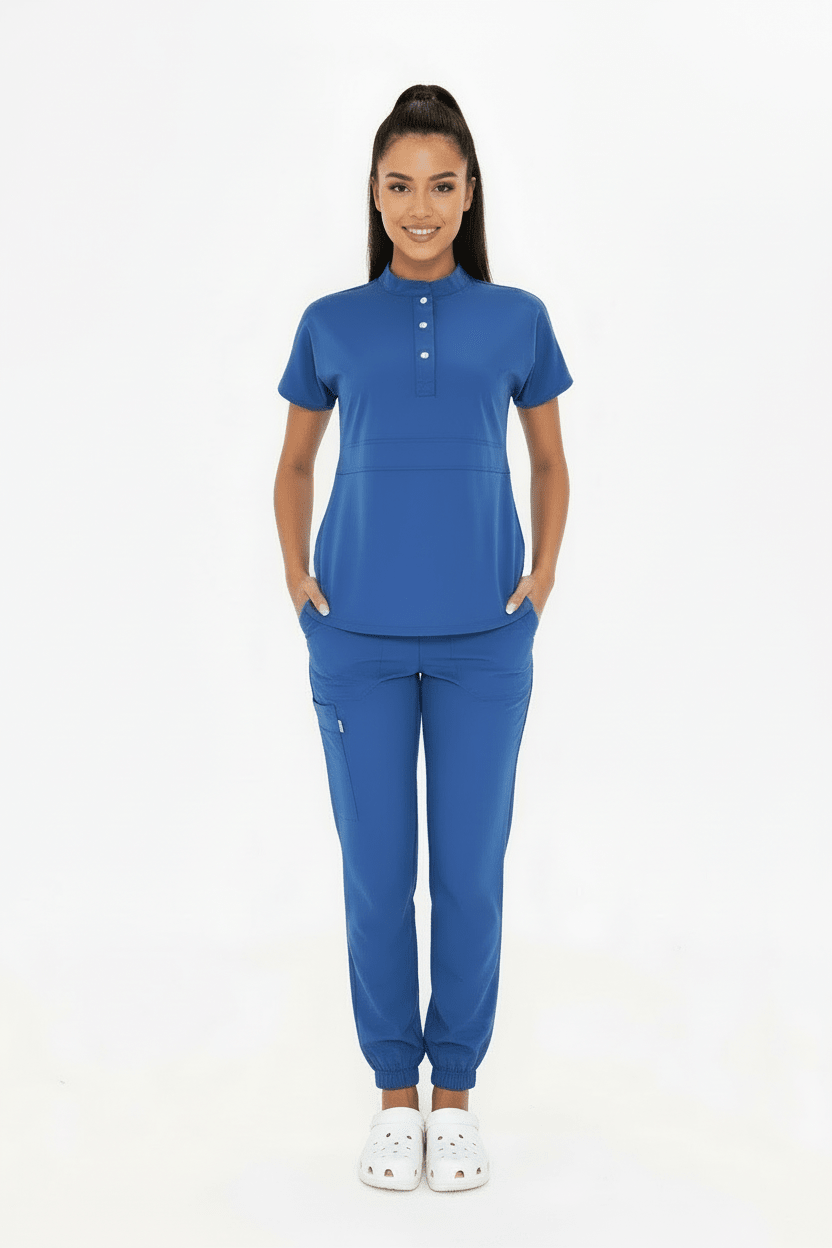 N O V A | Fırtına Mavi Lastikli Paça Kadın Likralı Hakim Yaka Yarım Pat Çıtçıtlı Hemşire Ve Doktor Forması Scrubs - Class Üniforma hemşire formaları, medikal önlükler