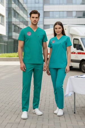 Turkuaz Aile Sağlığı Çalışan Forması Likralı Scrubs Takım (Yeni Yönetmeliğe Uygun - Bermuda) - Class Üniforma hemşire formaları, medikal önlükler