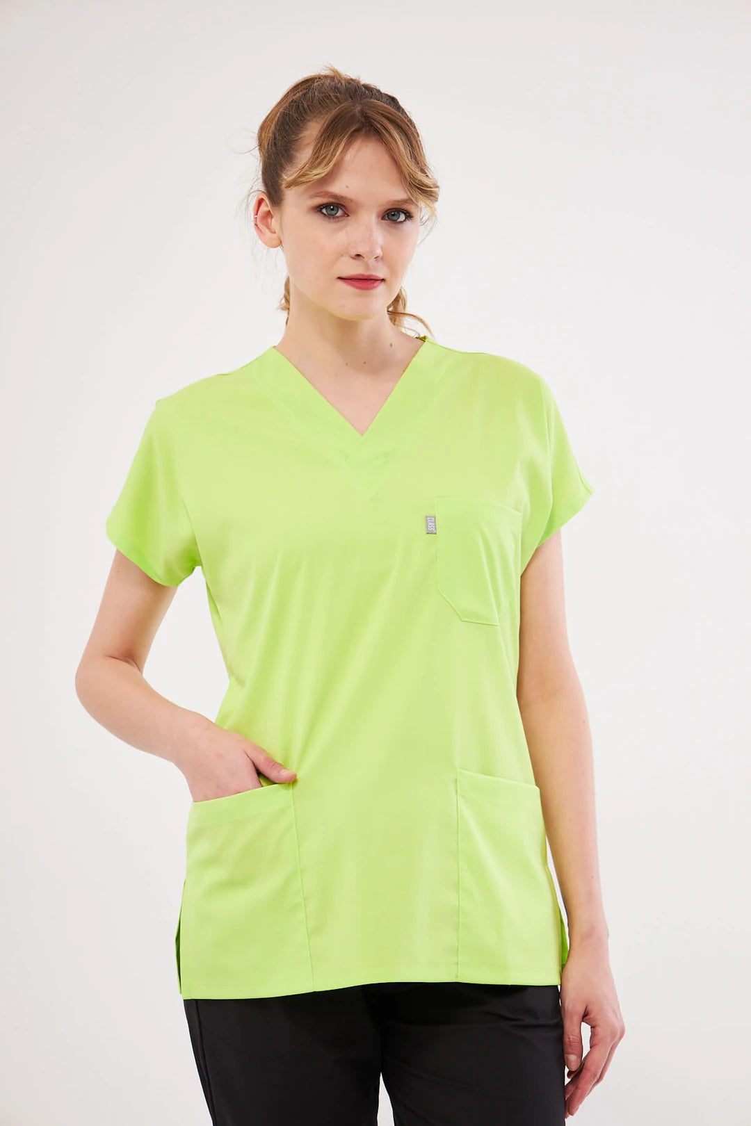 Classic Tek Üst - Neon Yeşil Likralı Hemşire Forması Üstü