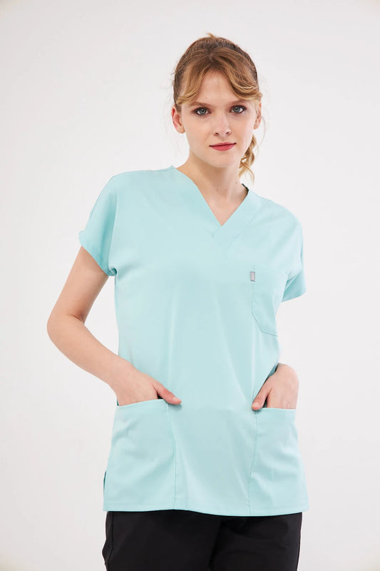 Classic Tek Üst - Mint Yeşili Likralı Hemşire Forması Üstü