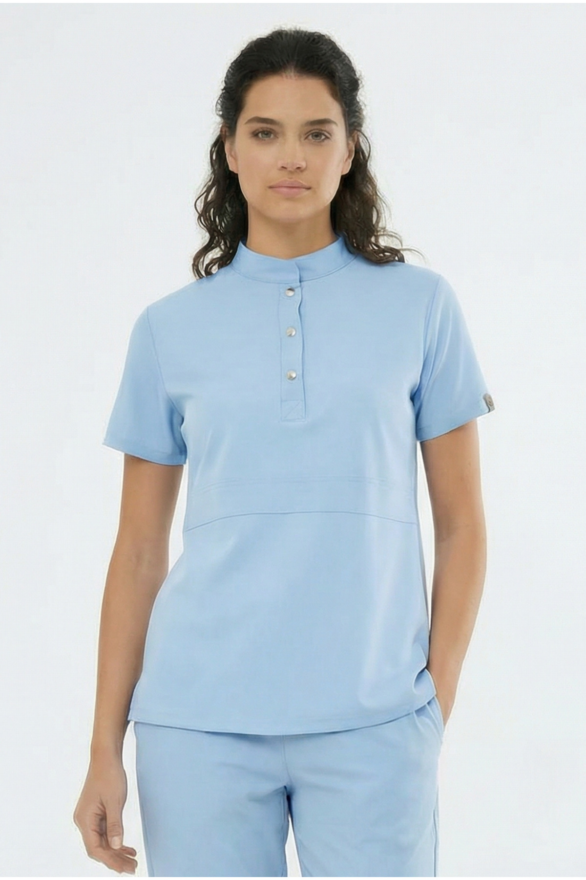 Nova Bebe Mavisi Tek Üst Kadın Likralı Hakim Yaka Yarım Pat Çıtçıtlı Esnek Hemşire Ve Doktor Forması