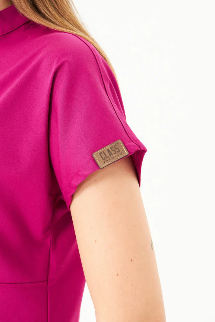 N O V A | Vişne Siyah Kadın Likralı Hakim Yaka Yarım Pat Çıtçıtlı Hemşire Ve Doktor Forması Scrubs