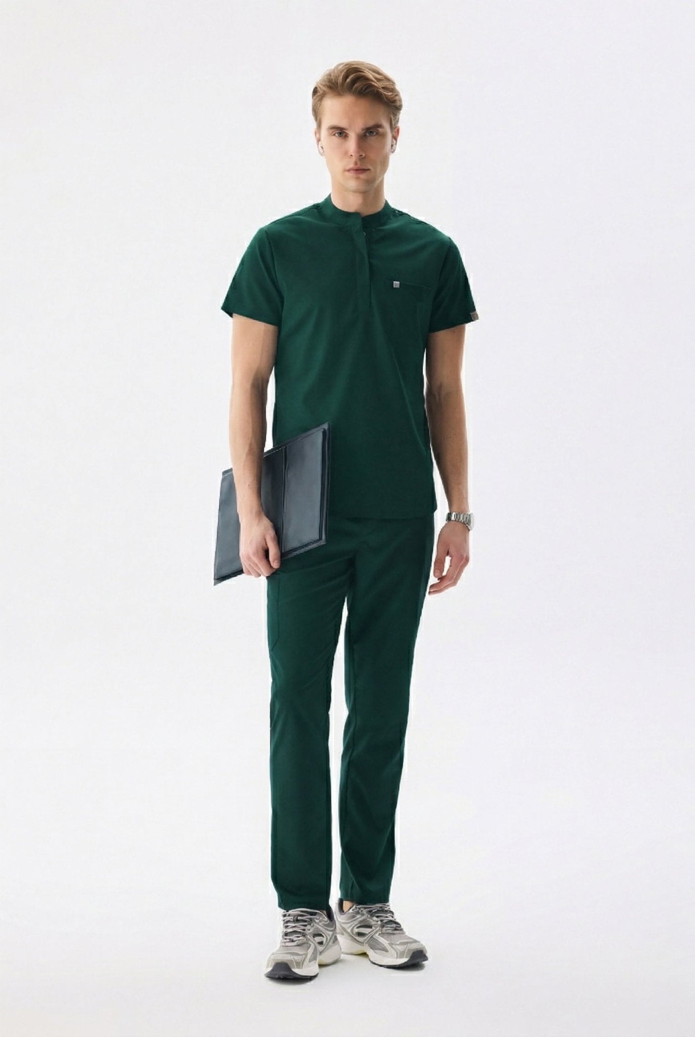 N O V A | Erkek Avcı Yeşil Likralı Hakim Yaka Hemşire Forması - Class Üniforma hemşire formaları, medikal önlükler