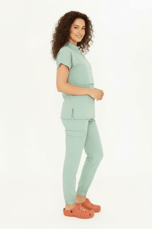 N O V A | Çağla Yeşili LASTİKLİ PAÇA Likralı Hakim Yaka Yarım Çıtçıtlı Hemşire Ve Doktor Forması Scrubs - Class Üniforma hemşire formaları, medikal önlükler