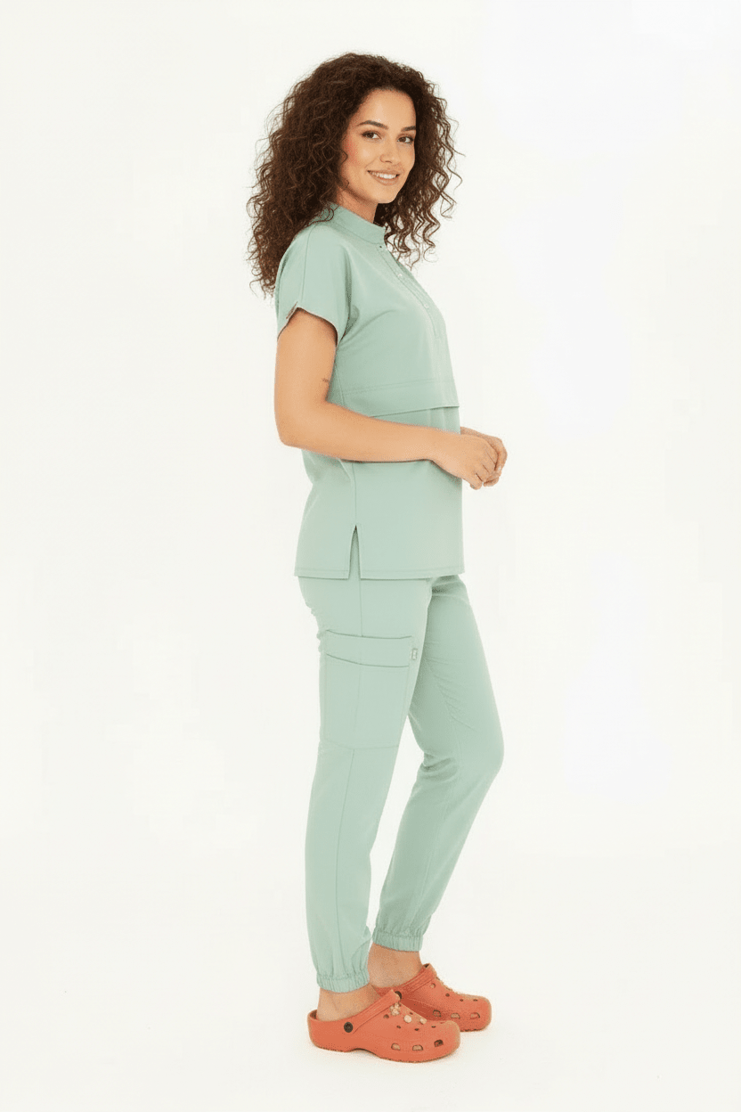N O V A | Çağla Yeşili LASTİKLİ PAÇA Likralı Hakim Yaka Yarım Çıtçıtlı Hemşire Ve Doktor Forması Scrubs - Class Üniforma hemşire formaları, medikal önlükler