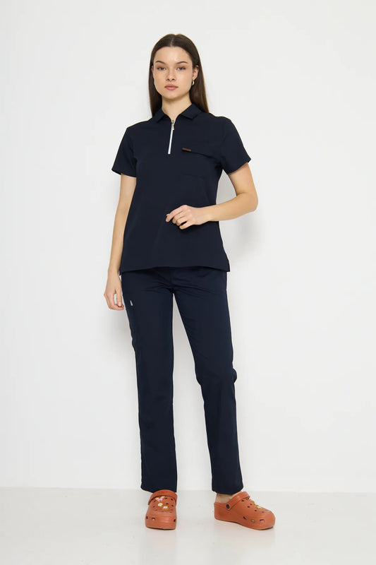 Polo Yaka Lacivert Kadın Medikal Üniforma Scrubs Takımı