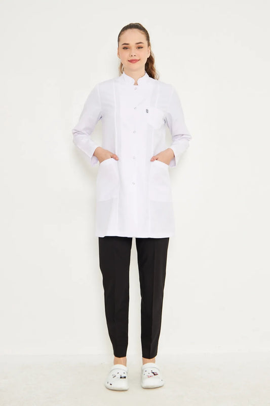 Женская белая куртка-фартук с длинным рукавом и застежкой-молнией – воротник-стойка