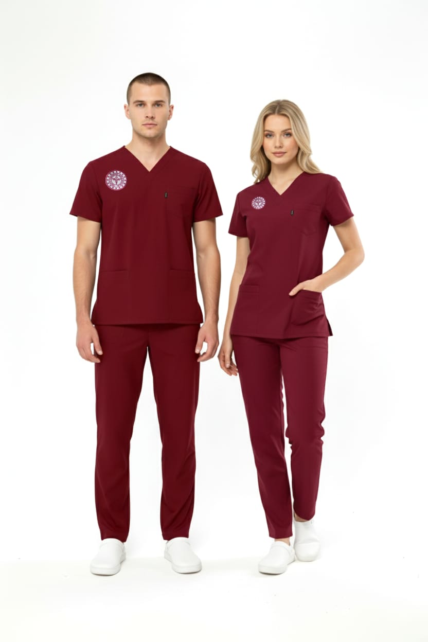 Class Üniforma Bordo Hastane Forması Likralı Scrubs Kadın (Yeni Yönetmeliğe Uygun - Biking Red)