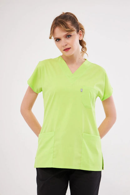 Classic Tek Üst - Neon Yeşil Likralı Hemşire Forması Üstü