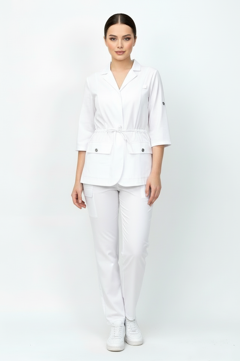 L I S B O N | Beyaz Premium Likralı Ceket Üniforma Takım