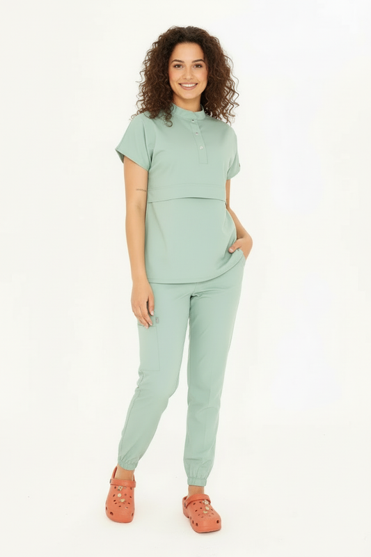N O V A | Çağla Yeşili Likralı Hakim Yaka Yarım Çıtçıtlı Hemşire Ve Doktor Forması Scrubs