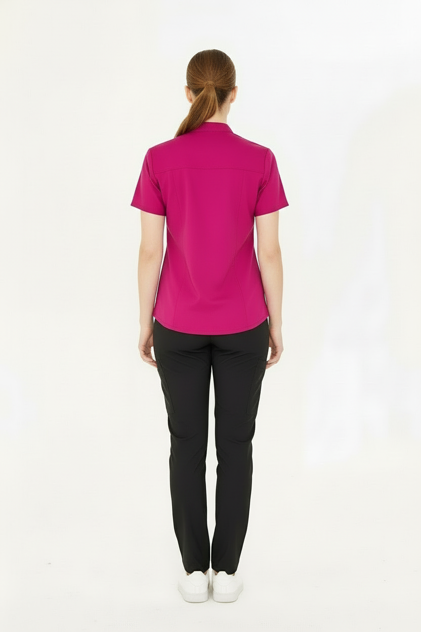 N O V A | Vişne Siyah Kadın Likralı Hakim Yaka Yarım Pat Çıtçıtlı Hemşire Ve Doktor Forması Scrubs