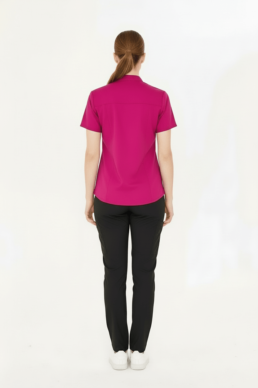 N O V A | Vişne Siyah Kadın Likralı Hakim Yaka Yarım Pat Çıtçıtlı Hemşire Ve Doktor Forması Scrubs - Class Üniforma hemşire formaları, medikal önlükler