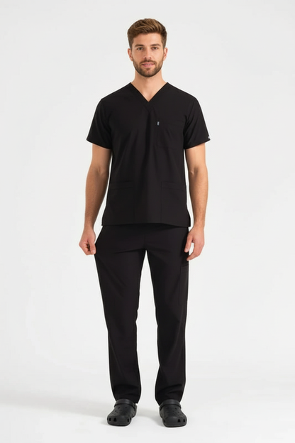 Классические чёрные мужские брюки из лайкры с одинарным низом