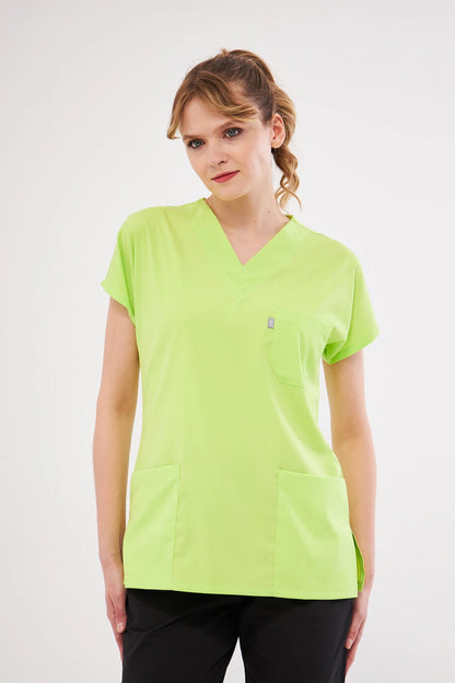 Classic Tek Üst - Neon Yeşil Likralı Hemşire Forması Üstü