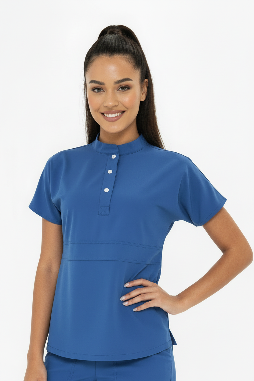 N O V A | Fırtına Mavi Kadın Likralı Hakim Yaka Yarım Pat Çıtçıtlı Hemşire Ve Doktor Forması Scrubs