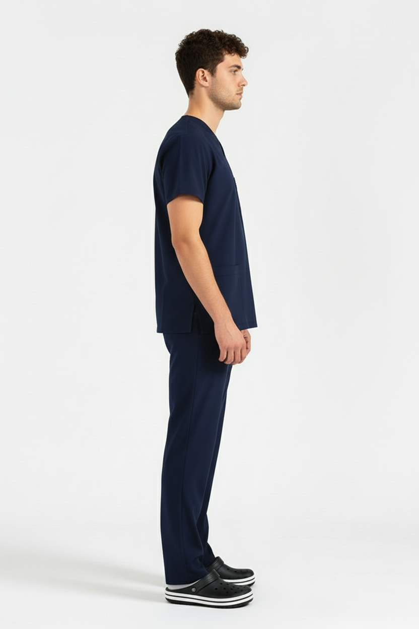 Классические тёмно-синие мужские брюки из лайкры с одинарным низом