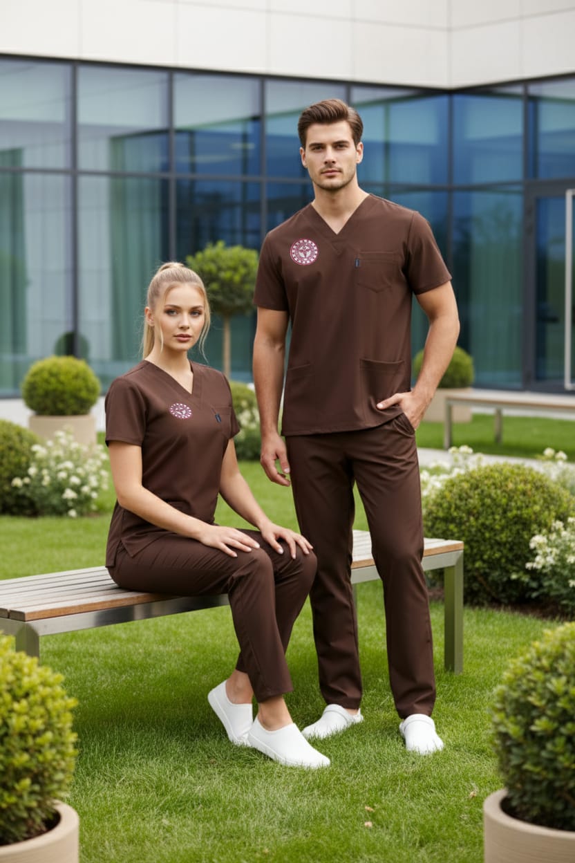Kahverengi Diğer Sağlık Meslek Mensupları Hastane Forması Likralı Scrubs Takım (Yeni Yönetmeliğe Uygun - Friar Brown)
