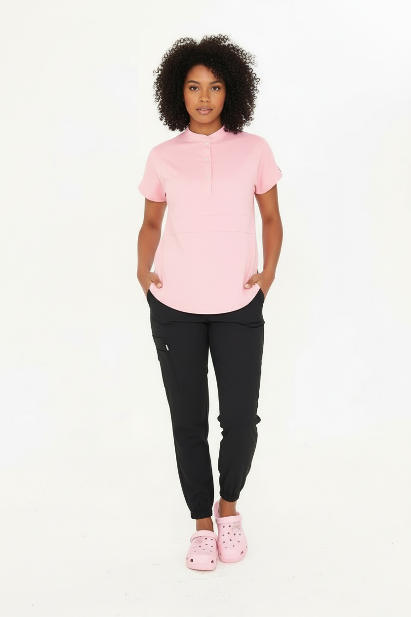 N O V A | Pembe Siyah Kadın Likralı Hakim Yaka Yarım Pat Çıtçıtlı Hemşire Ve Doktor Forması Scrubs