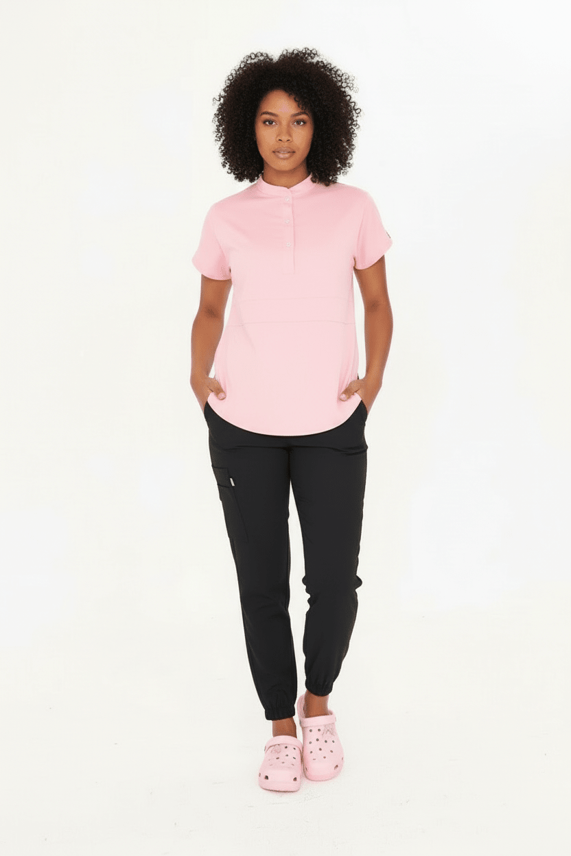 N O V A | Pembe Siyah Kadın Likralı Hakim Yaka Yarım Pat Çıtçıtlı Hemşire Ve Doktor Forması Scrubs - Class Üniforma hemşire formaları, medikal önlükler