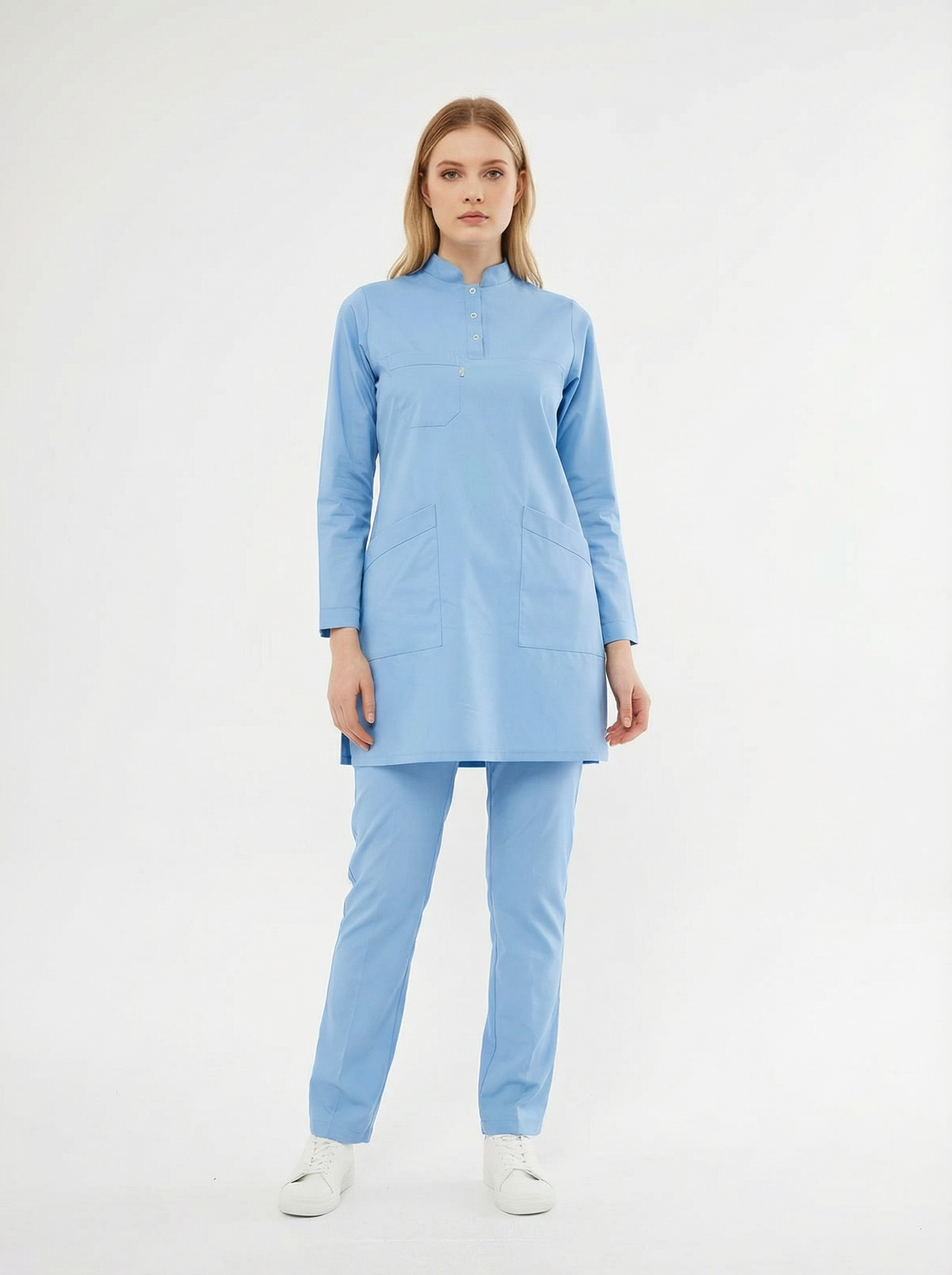 Tesettür - Bebe Mavisi Hemşire Üniforma Takımı