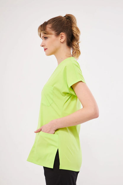 Classic Tek Üst - Neon Yeşil Likralı Hemşire Forması Üstü