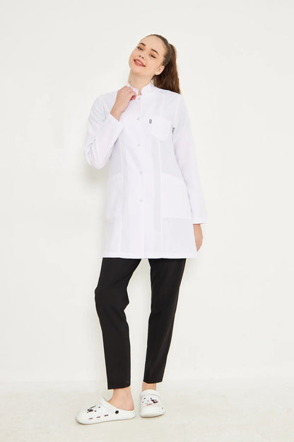 Kadın Uzun Kol Beyaz Çıtçıtlı Önlük Ceket – Hakim Yaka