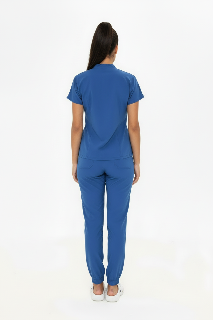 N O V A | Fırtına Mavi Kadın Likralı Hakim Yaka Yarım Pat Çıtçıtlı Hemşire Ve Doktor Forması Scrubs