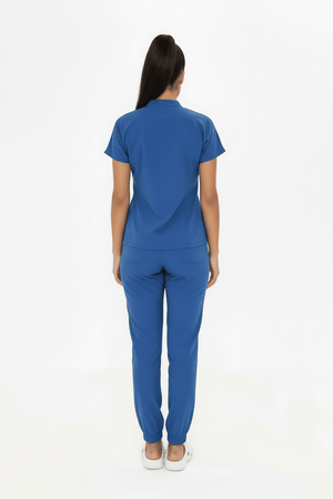 N O V A | Fırtına Mavi Lastikli Paça Kadın Likralı Hakim Yaka Yarım Pat Çıtçıtlı Hemşire Ve Doktor Forması Scrubs - Class Üniforma hemşire formaları, medikal önlükler