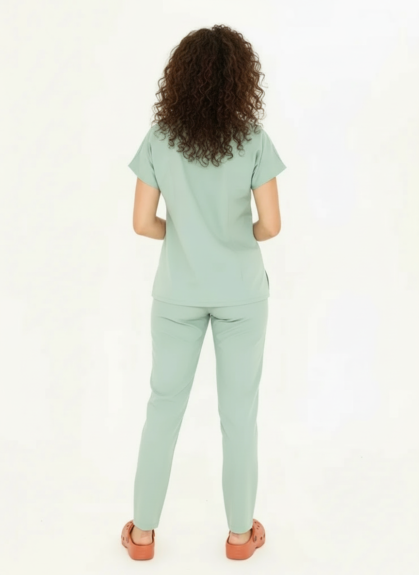 N O V A | Çağla Yeşili Düz Paça Pantolon Likralı Hakim Yaka Yarım Çıtçıtlı Hemşire Ve Doktor Forması Scrubs