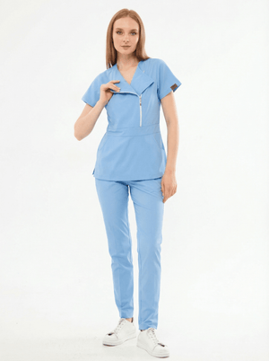 K I E V | Bebe Mavisi Lüks Likralı Hemşire Üniforması - Class Üniforma hemşire formaları, medikal önlükler