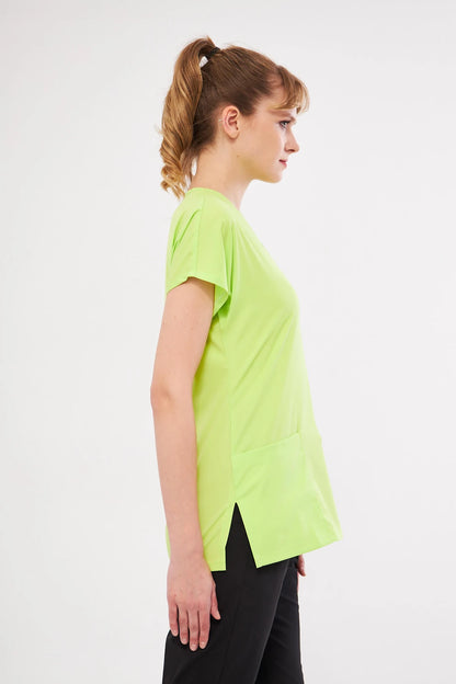 Classic Tek Üst - Neon Yeşil Likralı Hemşire Forması Üstü