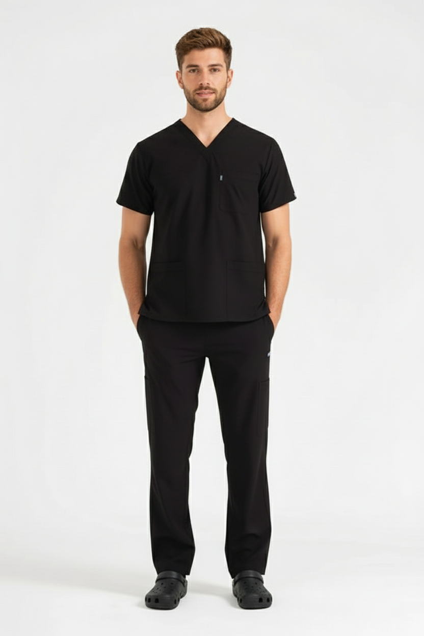 Классические чёрные мужские брюки из лайкры с одинарным низом