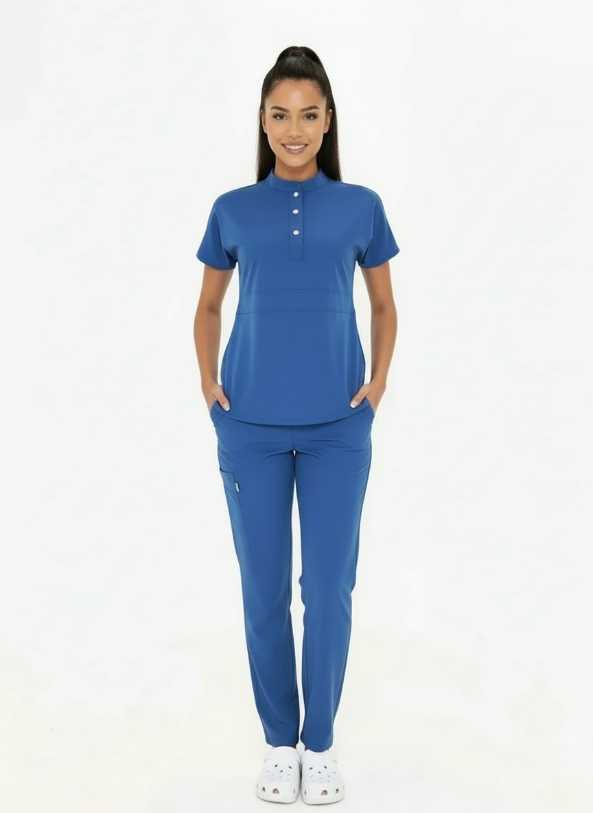 N O V A | Fırtına Mavi Düz Paça Pantolon Kadın Likralı Hakim Yaka Yarım Pat Çıtçıtlı Hemşire Ve Doktor Forması Scrubs