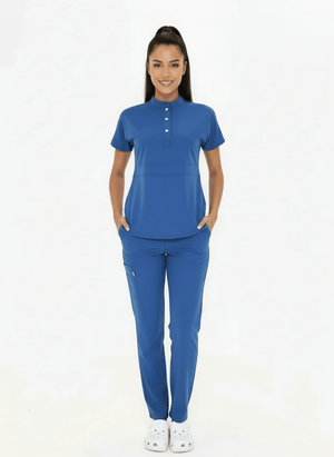 N O V A | Fırtına Mavi Düz Paça Pantolon Kadın Likralı Hakim Yaka Yarım Pat Çıtçıtlı Hemşire Ve Doktor Forması Scrubs - Class Üniforma hemşire formaları, medikal önlükler