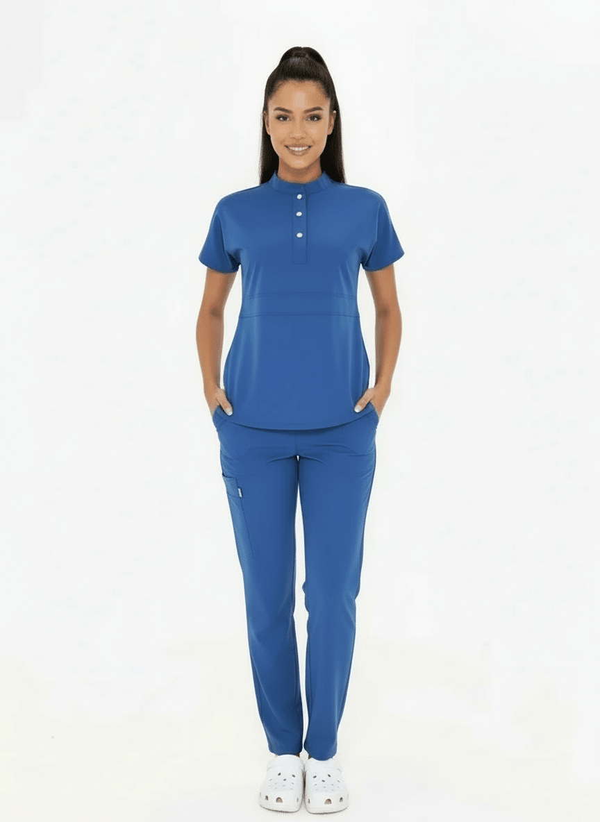 N O V A | Fırtına Mavi Düz Paça Pantolon Kadın Likralı Hakim Yaka Yarım Pat Çıtçıtlı Hemşire Ve Doktor Forması Scrubs - Class Üniforma hemşire formaları, medikal önlükler